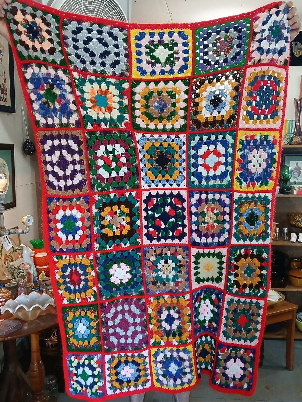 Vintage Handmade Multicolor Granny Square Crochet Throw